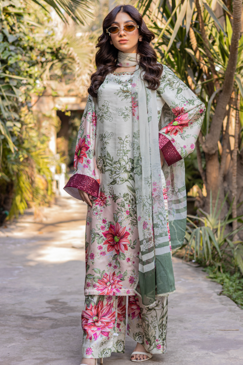 Rangz - Printed Embroidered Silk Suit (3pc)