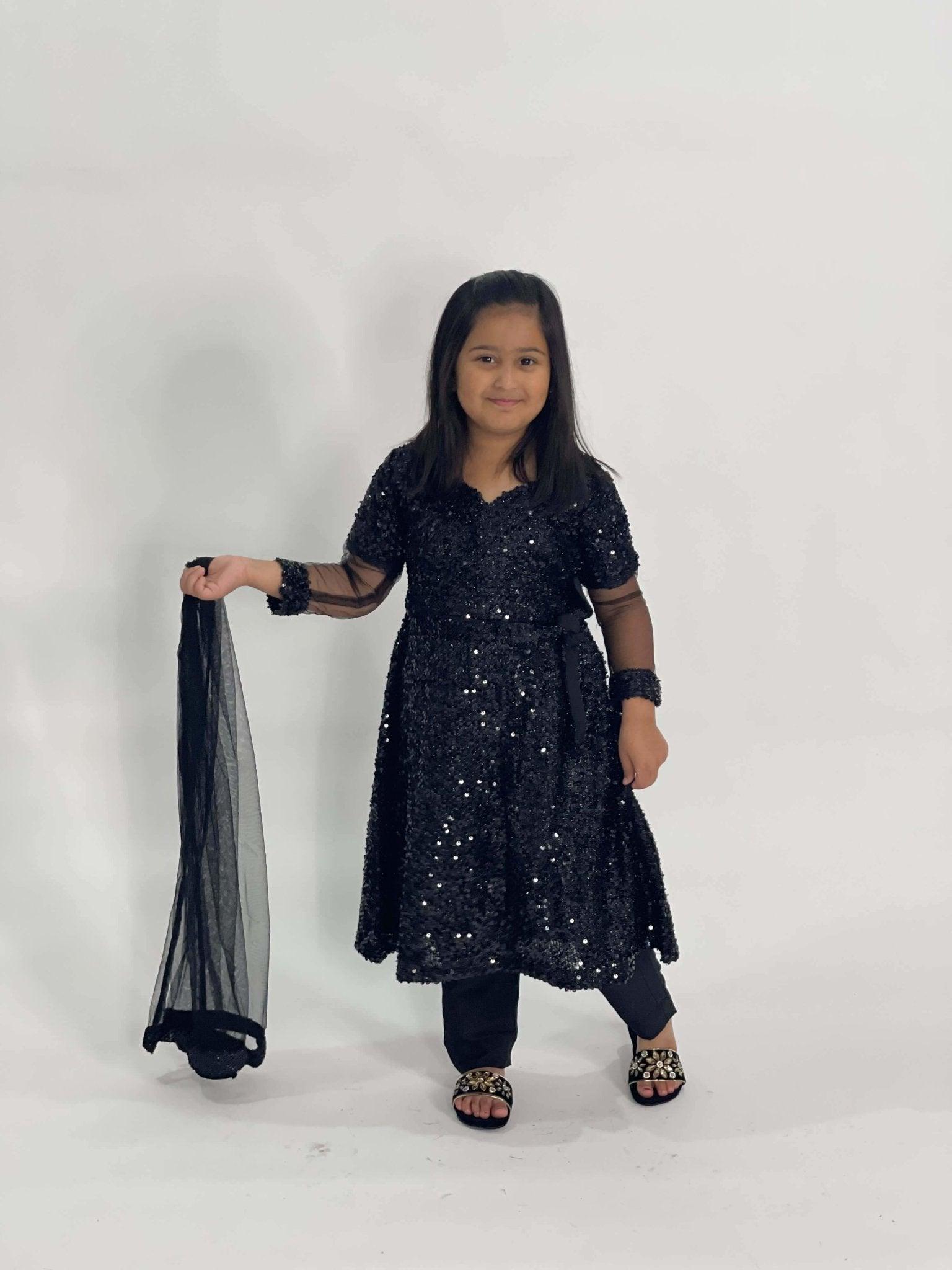 Kids black net sequin dress (3pc) - filhaal.co.uk