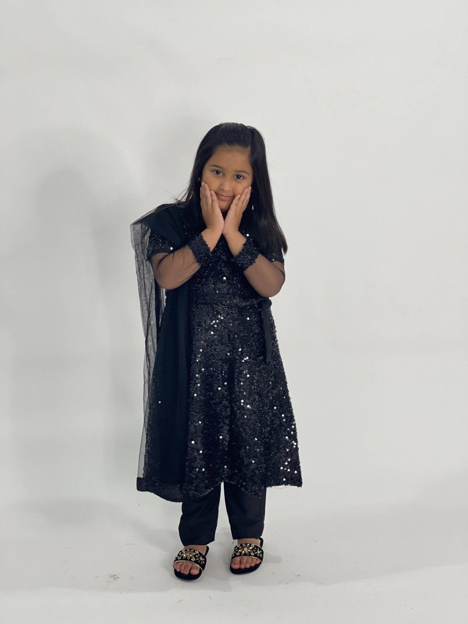 Kids black net sequin dress (3pc) - filhaal.co.uk