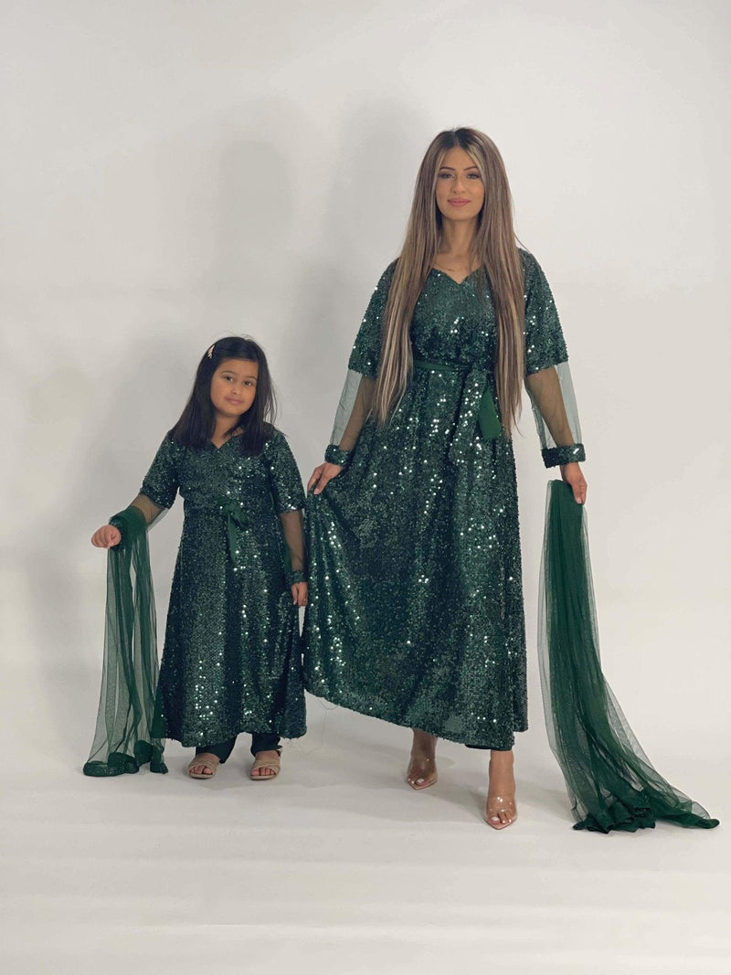 Kids green net sequin dress (3pc) - filhaal.co.uk