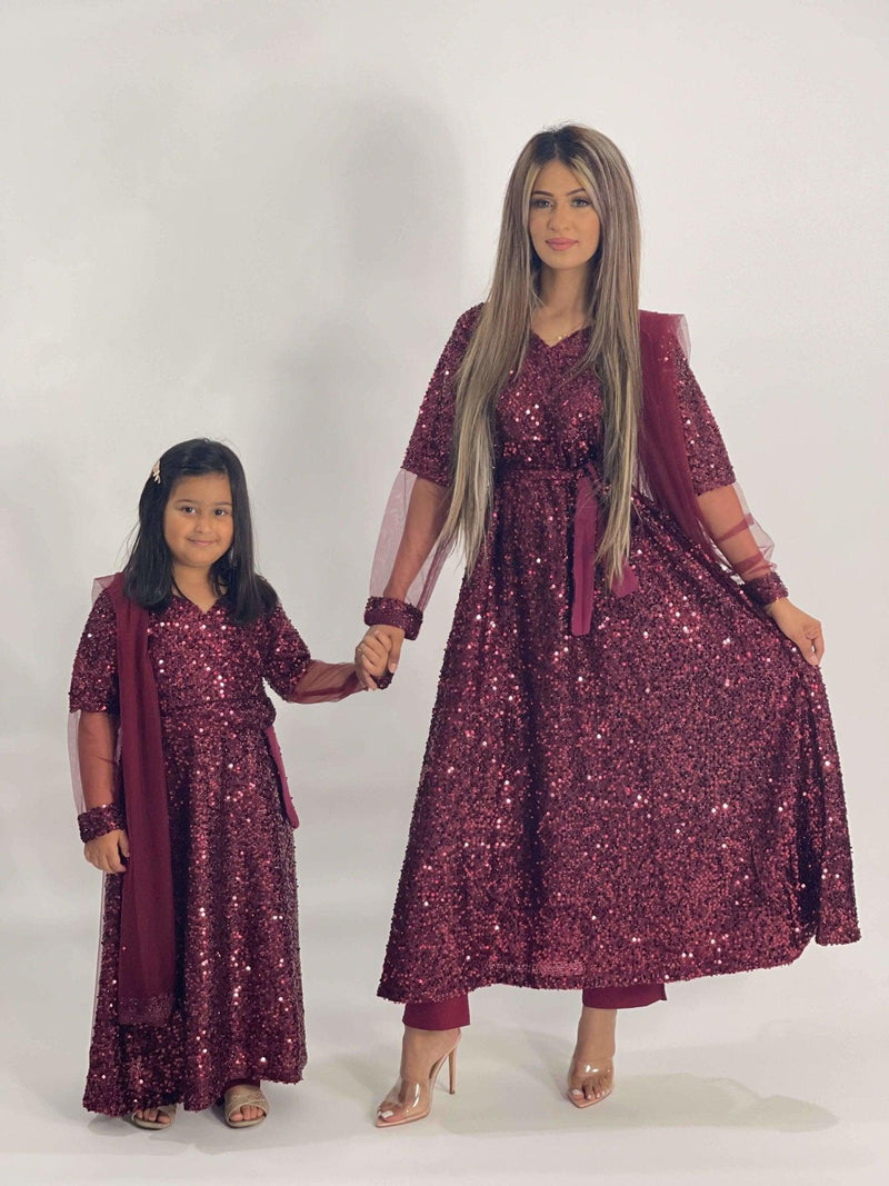 Kids maroon net sequin dress (3pc) - filhaal.co.uk