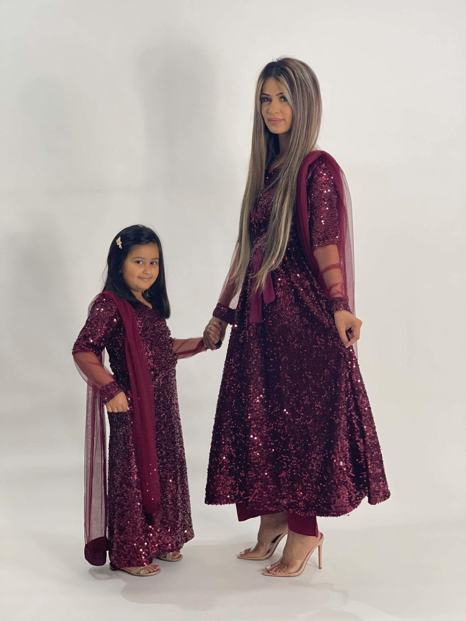 Kids maroon net sequin dress (3pc) - filhaal.co.uk