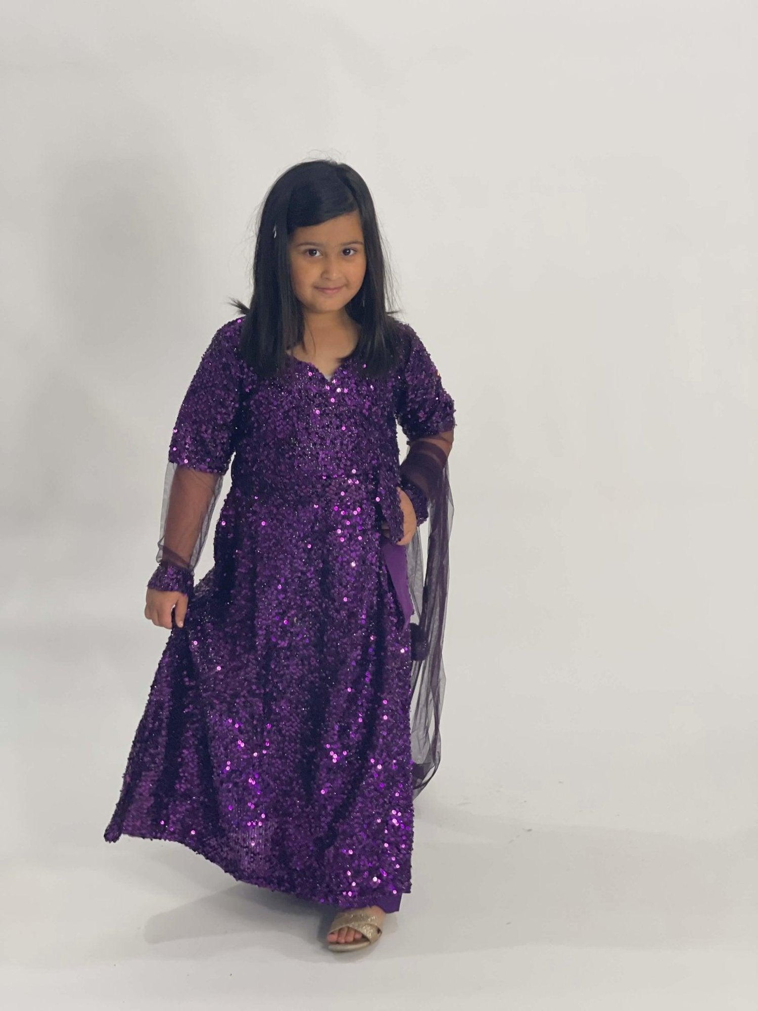 Kids purple net sequin dress (3pc) - filhaal.co.uk