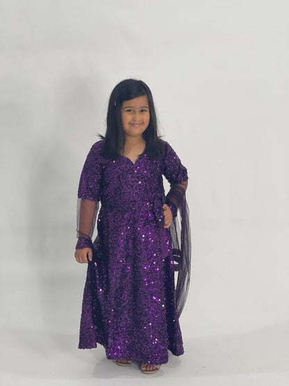 Kids purple net sequin dress (3pc) - filhaal.co.uk